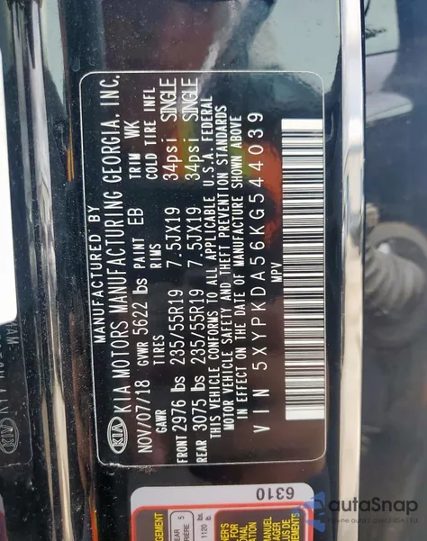 2019 Kia Sorento 3.3L Sxl из США, поврежденный, VIN 5XYPKDA56KG544039